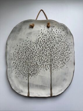 Handmade Ceramic Tree Wall Plaque in White and Gray